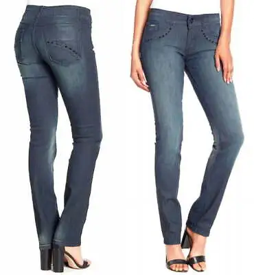 Vertigo Embellished Jeans 28 Blue $180 Straight Leg Shimmering Black Stones NWT • $62.05