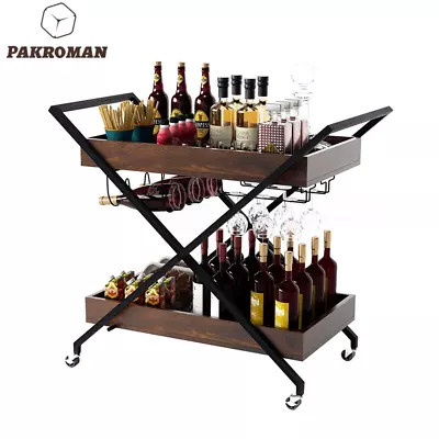 NEW  2-Tier Coffee Bar Cart Bar Serving Cart On Wheels Lockable-Glass Rack  US • $49.40