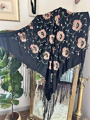 Vtg 40s 50s Black Silk Piano Shawl Scarf Embroidered Flowers Beautiful • $29.99