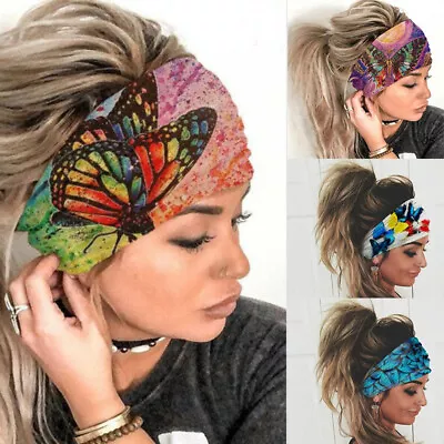 Butterfly Wide Turban Sports Headband Elastic Head Hair Band Stretchy Gym Yoga • £3.89