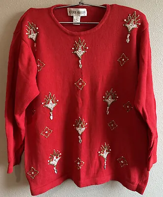 VTG 80’s Victoria Harbour Christmas Red Sweater Womens Large Gold Beaded Bling • $39.99