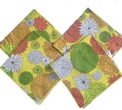 Vintage Cloth Napkins MCM Groovy Print Floral Set Of 4 Cotton Yellow Green • $23.16