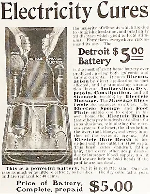 1903 Quackery Print Ad~Detroit Battery Co ELECTRICITY CURES (E-Meter Precursor?) • $24.95