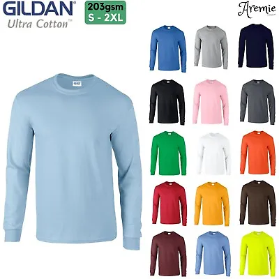 Gildan Mens Plain Long Sleeve Crew Neck Ultra Cotton T Shirts Tops | S-2XL • £14.99