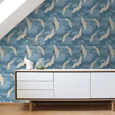 Japanese Cranes Wallpaper Metallic Birds Elegant Catherine Lansfield 206513 Blue • £13.99