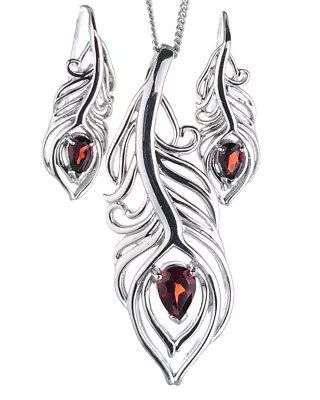 Natural Garnet Set Sterling Silver Necklace Earrings Feather Red Gemstone Boxed • $138.89