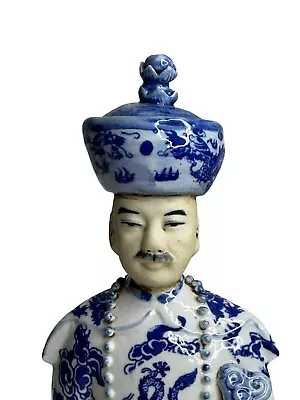 11” China Blue White Porcelain Pottery Feudal Society Empress Man Dragon Statue • $75