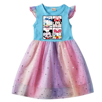 Kids Girls Cartoon Characters Rainbow Mesh Dress Princess T-Shirt Tutu Dress UK • £10.99