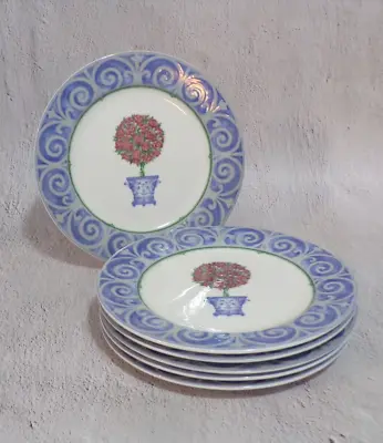 Victoria Beale Salad Plates #9062 Blue Rim Red Flowers Set Of 6 • $33.75