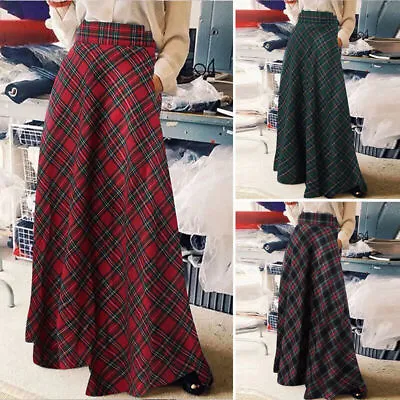 Fashion Women Tartan Check Plaid Long Skirt Vintage Ladies Loose Maxi Dress • £12.34