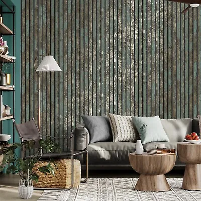 Teal / Copper Carbon Oxidise Stripe Wall Panel Wallpaper Quality Crown M1750 • £17.80