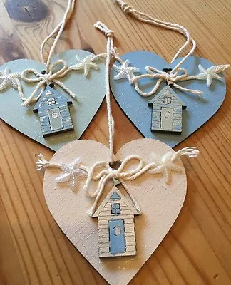 £6.99 • Buy Nautical Seaside Beach Huts Hanging Decorations X 3 Shabby Chic Wood Heart Blue