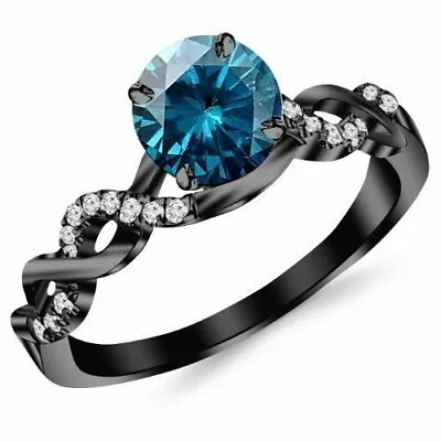 1.46 Ct Blue Round Diamond Engagement Black Sterling Silver Ring Lab Created !! • $125