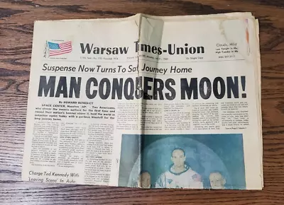 RIPPED July 21 1969  Man Conquers Moon!  Landing NASA Newspaper Warsaw Times Un. • $196.90