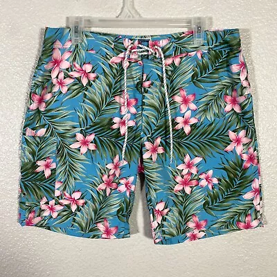 J Crew Swim Trunks Mens 34 Blue Pink Swimming Shorts Lined Mesh Stretch Floral • $18.99