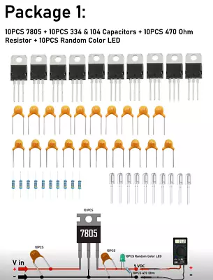 10 Pack  L7805CV Voltage Regulator 5V 1.5A TO-220 +10pcs( Capacitor+Resistor+LED • $4.99