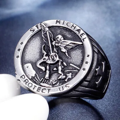 Protect Amulet For Mens Stainless Steel Catholic St Saint Michael Ring Size 7-12 • $8.99