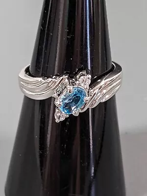 Sterling Silver 925 Blue Aquamarine Ova Solitaire With Accents Ring Size 7 • $24.49