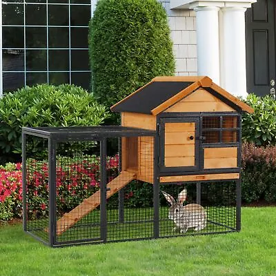 Wood-metal Rabbit Hutch Elevated Pet Bunny House With Slide-Out Tray Outdoor • £114.99