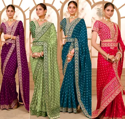 Indian Designer Sari Sequins Embroidery Lace Border Bollywood Party Wear Saree • £31.99