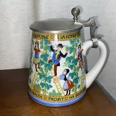 Vintage West Germany Beer Stein Mug Pewter Lid Hand Painted Hops Farmers • $35