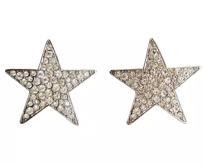 Vintage Kenneth Jay Lane Silver Tone Pave Rhinestone Star Clip Earrings • $52.49