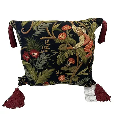 Borgata Tapestry Monkey Jungle Theme Pillow 16  X 16  Tassels Black Burgundy • $32.93