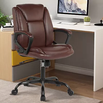 Mid Back Swivel Executive Computer Chair PU Leather Home Office Desk Chair Brown • $75.99