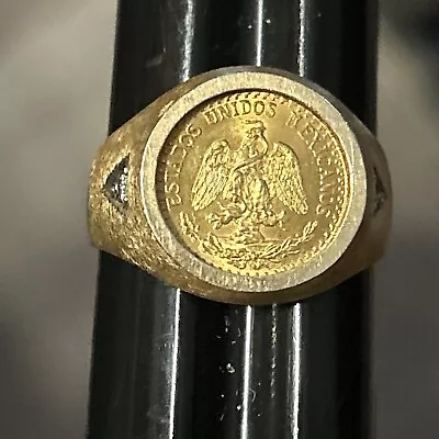 14k Yellow Gold 1945 Dos Pesos Mexican Gold Coin Diamonds Ring Sz 9 • $399.99