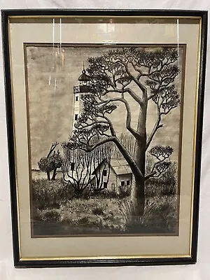 Vintage Black & White Watercolor SANDY HOOK LIGHTHOUSE Matted Framed 4003 • $55