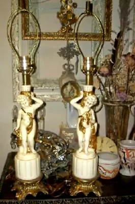 Mid Century Putti Cherub Lamps White Gilt French Moreau Style Hollywood Regency • $270.01