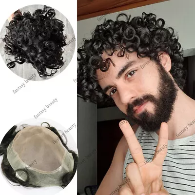 20mm Curly Man Toupee Mono Transparent Pu Base Men's Human Hair Wig Hairpieces • $136.98