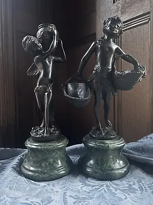Vintage Pair Of Bronze Sculptures -'Eternal Cupid' And 'Girl With 2 Baskets' . • $299