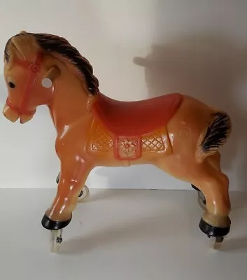 Vintage Blow Mold 1965 Blazon Childs Miniature Riding Horse 16  Tall On Wheels. • $40