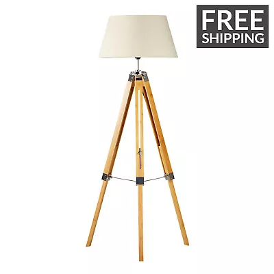 $119 • Buy Vintage Tripod Floor Lamp Shade Natural Wood Home Decor Reading Light -Beige