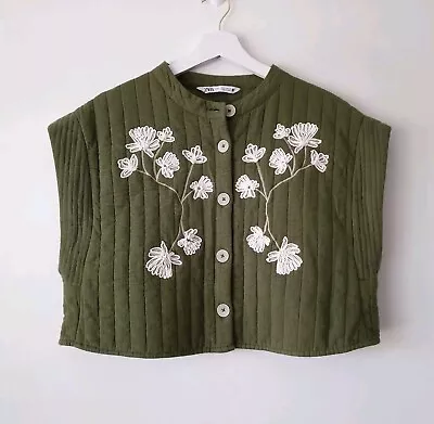 ZARA Khaki Embroidered Gilet Waistcoat Size L Large 12 14 Bloggers Boho Festival • $49.77