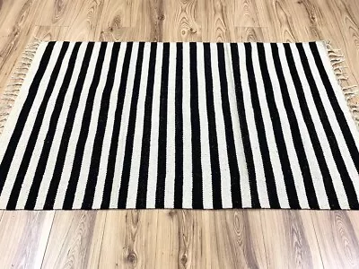 Black White Striped Handmade Recycled Cotton Reversible Rag Rugs Durrie Kilim • £19.99