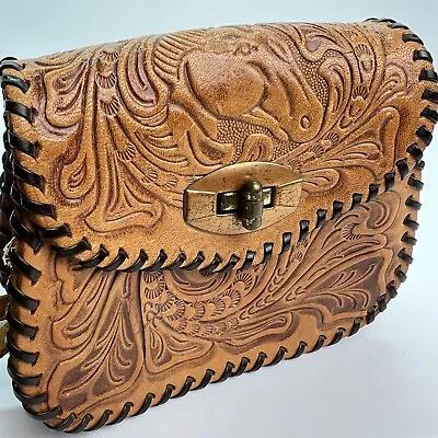 Vintage 1960 Small Handmade Cowboy Western Horse Hand Tooled Leather Handbag • $25.95