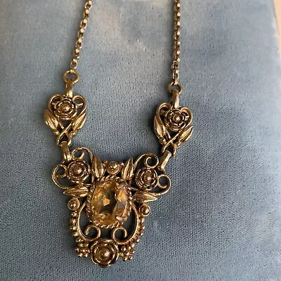 Vintage Citrine Color Rhinestone Ornate Gold Tone Necklace 13  • $18.99