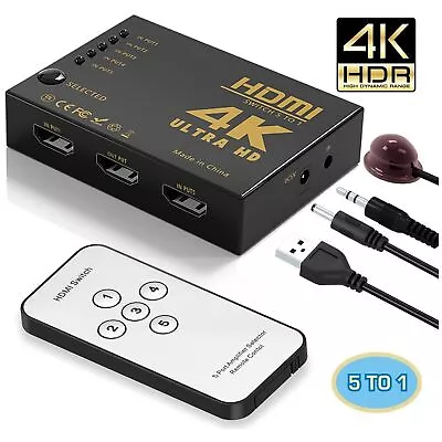 4K HDMI Switch Splitter 5 Port Selector Switcher Hub IR Remote HDTV 5 In 1 Out • £6.99