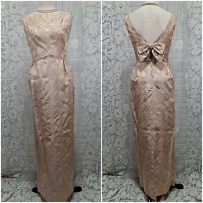 Vintage 1960s Sandra Sage Floral Metallic Brocade Maxi Column Dress Back Bow • $85