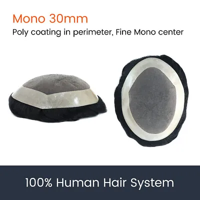 Mens Toupee Real Human Hair Fine Mono Hair Replacement Durable Hairpiece For Men • $69.99