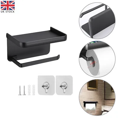 Toilet Roll Holder Wall Mounted With Mobile Phone Storage Bathroom Shelf Black • £10.99