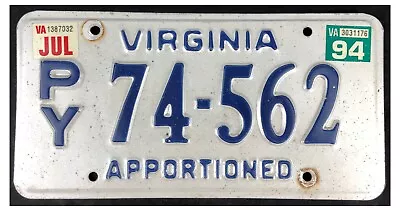 Virginia 1994 APPORTIONED SEMI TRACTOR License Plate P/Y 74-562! • $14.99