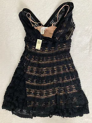 NWT Max Studio Ruffled Black A-Line Lace Dress With Tan Liner - Women's Large • $59.99