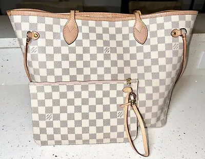 Gorgeous Authentic Louis Vuitton Damier Azur Neverfull MM Tote Bag W/Pouch Pink • $999