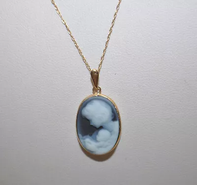 Mother With Child 14k Yellow Gold Blue Agate Cameo Necklace - 18  Chain  2.3g TW • $229.95