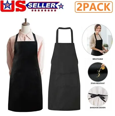 $10.94 • Buy 2 Pack Cooking Kitchen Aprons Work Apron With 2 Pockets For Men Women Black Chef