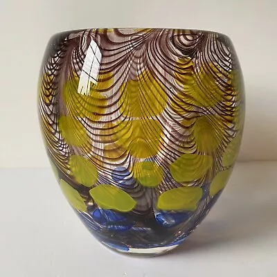 Murano Style Vase Art Glass Feather Yellow Blue Dots Table Decor Heavy CHIP 7  • $94.49
