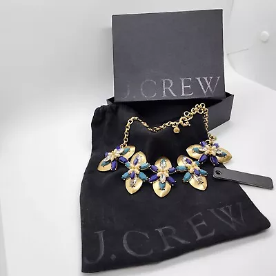 J. Crew Gold Tone Floral Crystals Blue Teal Pink Statement Necklace Bag & Box • $32.99